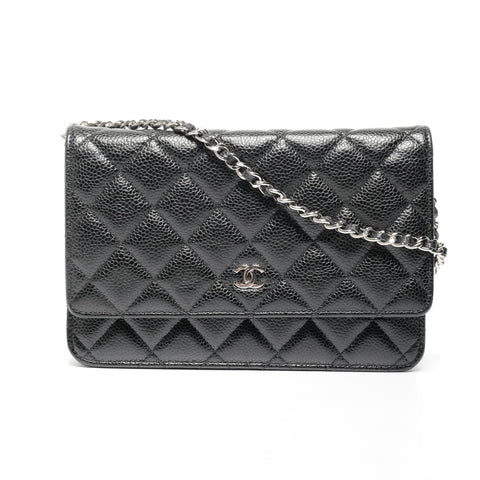 CHANEL No. 27 Caviar Leather Chain Wallet Silver Metal Matelasse 2019 Shoulder Bag black WS24690