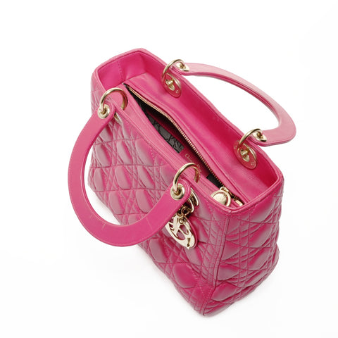 Christian Dior Lambskin Medium Lady Dior Silver Metal 2way Handbag pink WS24716