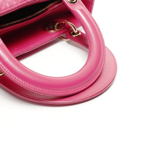 Christian Dior Lambskin Medium Lady Dior Silver Metal 2way Handbag pink WS24716