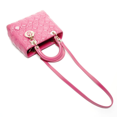 Christian Dior Lambskin Medium Lady Dior Silver Metal 2way Handbag pink WS24716