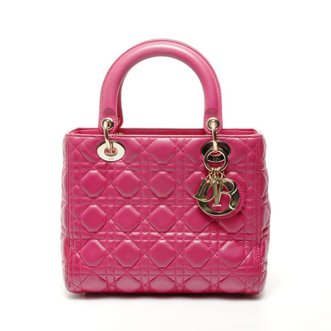 Christian Dior Lambskin Medium Lady Dior Silver Metal 2way Handbag pink WS24716