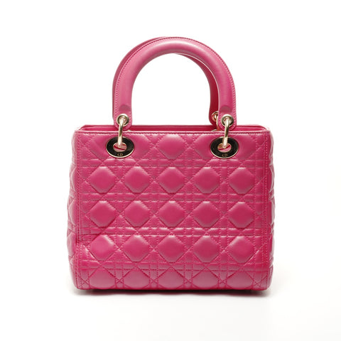 Christian Dior Lambskin Medium Lady Dior Silver Metal 2way Handbag pink WS24716