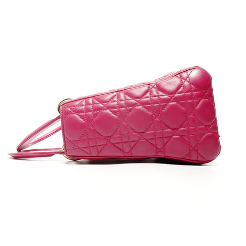 Christian Dior Lambskin Medium Lady Dior Silver Metal 2way Handbag pink WS24716