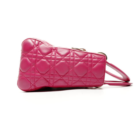 Christian Dior Lambskin Medium Lady Dior Silver Metal 2way Handbag pink WS24716