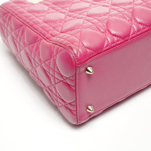 Christian Dior Lambskin Medium Lady Dior Silver Metal 2way Handbag pink WS24716