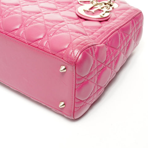 Christian Dior Lambskin Medium Lady Dior Silver Metal 2way Handbag pink WS24716