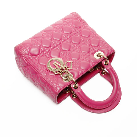 Christian Dior Lambskin Medium Lady Dior Silver Metal 2way Handbag pink WS24716