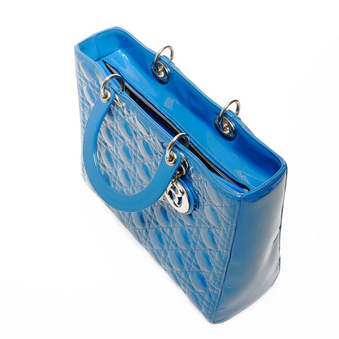 Christian Dior Large Lady Dior Patent Leather 2-Way Bag Handbag blue WS24717