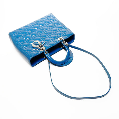 Christian Dior Large Lady Dior Patent Leather 2-Way Bag Handbag blue WS24717