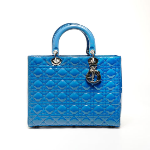 Christian Dior Large Lady Dior Patent Leather 2-Way Bag Handbag blue WS24717