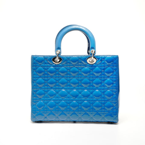 Christian Dior Large Lady Dior Patent Leather 2-Way Bag Handbag blue WS24717