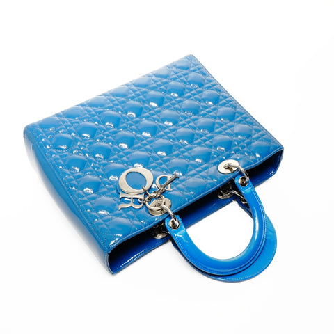 Christian Dior Large Lady Dior Patent Leather 2-Way Bag Handbag blue WS24717