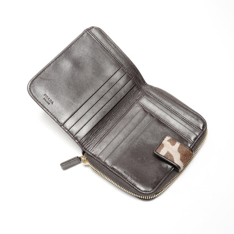 PRADA Harako Leopard Print Round Zip Compact Wallet Bifold Wallet Brown WS24742