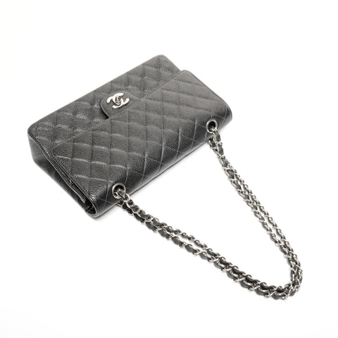 CHANEL No. 6 2000-2002 Caviar Skin Matelasse 25 Double Flap Silver Metal Shoulder Bag black WS24749