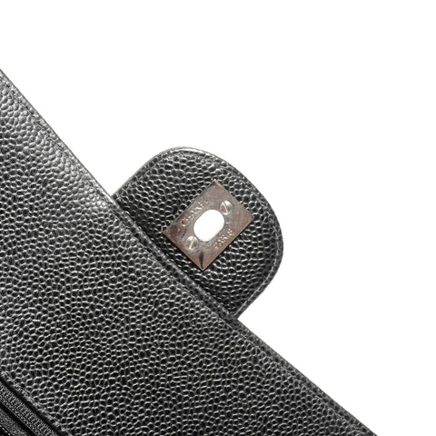 CHANEL No. 6 2000-2002 Caviar Skin Matelasse 25 Double Flap Silver Metal Shoulder Bag black WS24749