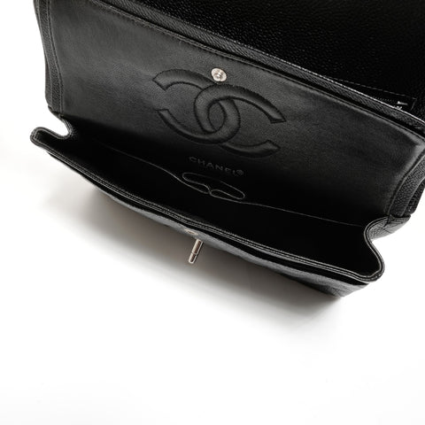 CHANEL No. 6 2000-2002 Caviar Skin Matelasse 25 Double Flap Silver Metal Shoulder Bag black WS24749