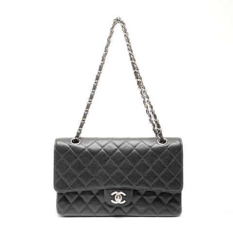 CHANEL No. 6 2000-2002 Caviar Skin Matelasse 25 Double Flap Silver Metal Shoulder Bag black WS24749
