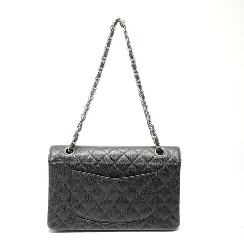 CHANEL No. 6 2000-2002 Caviar Skin Matelasse 25 Double Flap Silver Metal Shoulder Bag black WS24749