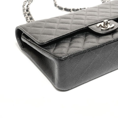 CHANEL No. 6 2000-2002 Caviar Skin Matelasse 25 Double Flap Silver Metal Shoulder Bag black WS24749
