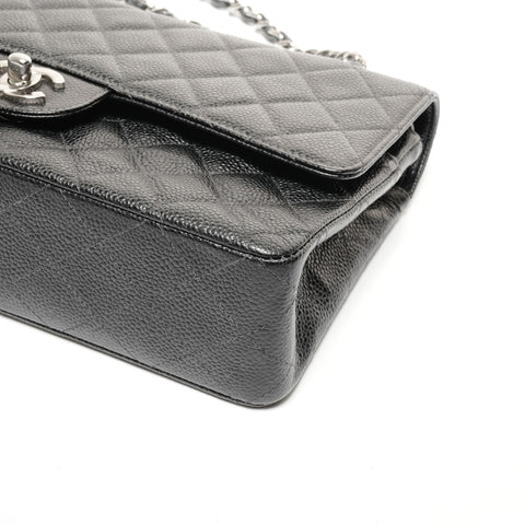 CHANEL No. 6 2000-2002 Caviar Skin Matelasse 25 Double Flap Silver Metal Shoulder Bag black WS24749