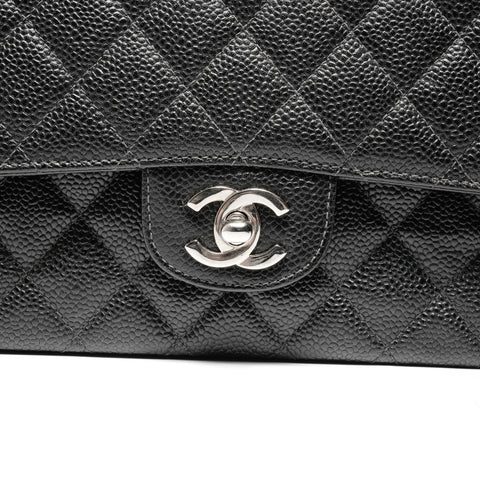 CHANEL No. 6 2000-2002 Caviar Skin Matelasse 25 Double Flap Silver Metal Shoulder Bag black WS24749