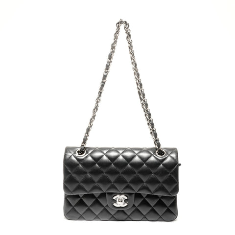 CHANEL 30s 2020-2021 Mini Matelasse 23 Lambskin Double Flap Silver Metal Shoulder Bag black WS24750