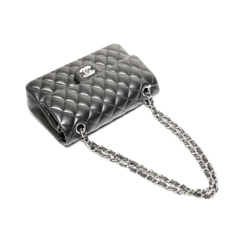 CHANEL 30s 2020-2021 Mini Matelasse 23 Lambskin Double Flap Silver Metal Shoulder Bag black WS24750