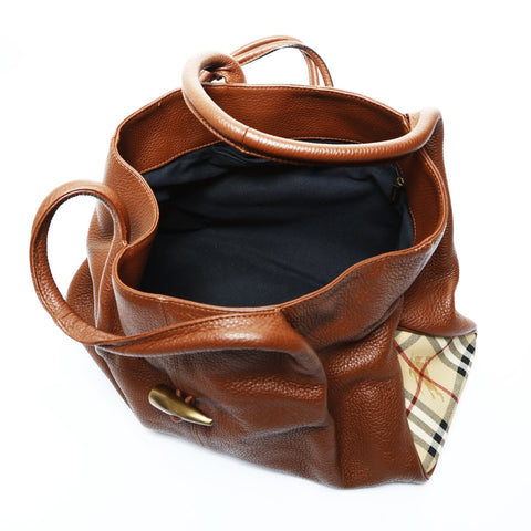 BURBERRY Leather Nova Check Handbag Brown WS24768
