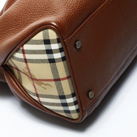 BURBERRY Leather Nova Check Handbag Brown WS24768
