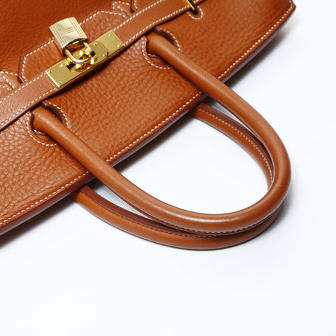 HERMES C gestempelt 1999 Birkin 35 mit Außennähten in goldfarbener Metallhandtasche Braun WS24794