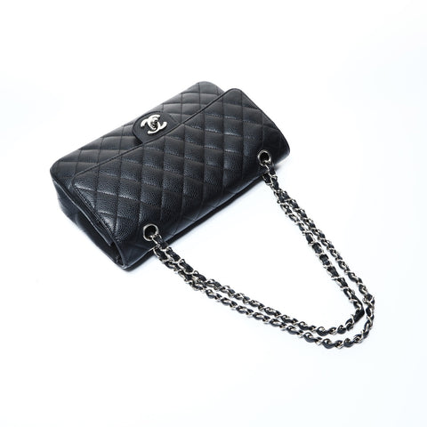 CHANEL No. 12 Caviar Matelasse 25 Double Flap Silver Metal 2008-2009 Shoulder Bag black WS24796