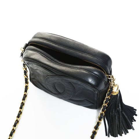 CHANEL 0 Series 1986-1988 Mini Camera Bag COCO Mark Fringe Lambskin Shoulder Bag black WS24806