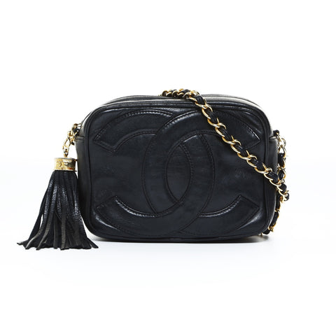 CHANEL 0 Series 1986-1988 Mini Camera Bag COCO Mark Fringe Lambskin Shoulder Bag black WS24806