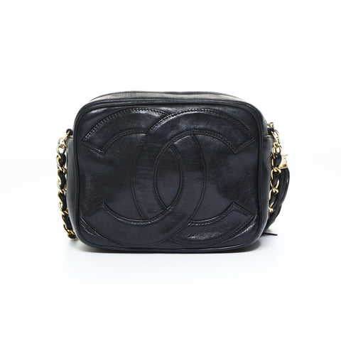 CHANEL 0 Series 1986-1988 Mini Camera Bag COCO Mark Fringe Lambskin Shoulder Bag black WS24806