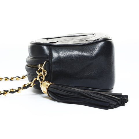 CHANEL 0 Series 1986-1988 Mini Camera Bag COCO Mark Fringe Lambskin Shoulder Bag black WS24806