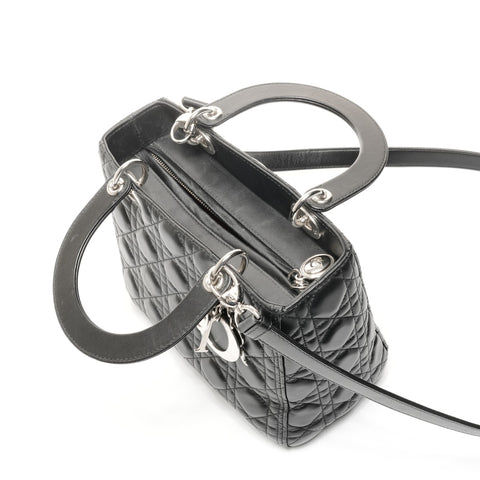 Christian Dior Lady Dior 中号银色金属小羊皮手提包黑色 WS24886