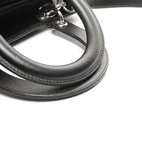 Christian Dior Lady Dior 中号银色金属小羊皮手提包黑色 WS24886