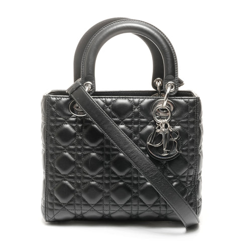 Christian Dior Lady Dior 中号银色金属小羊皮手提包黑色 WS24886