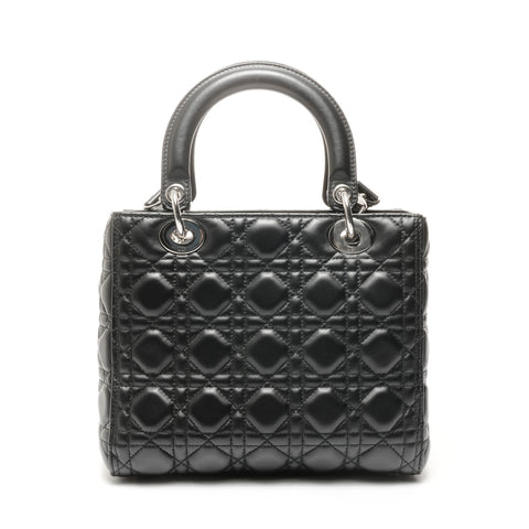Christian Dior Lady Dior 中号银色金属小羊皮手提包黑色 WS24886