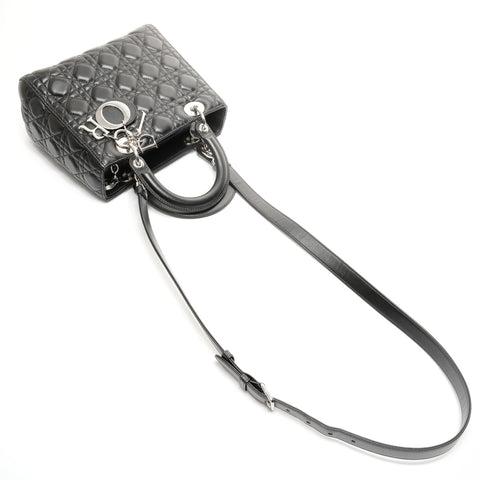 Christian Dior Lady Dior 中号银色金属小羊皮手提包黑色 WS24886