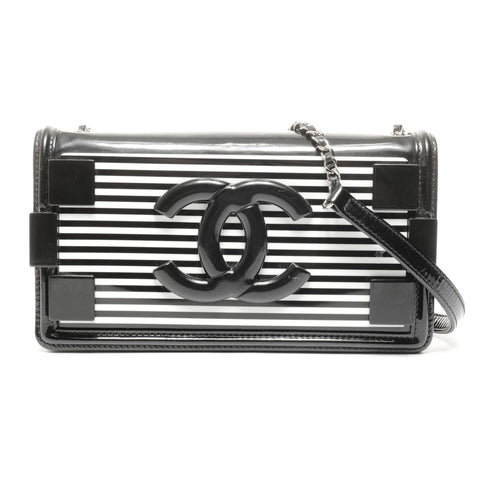 CHANEL 19系列2014男孩条纹单肩包黑色 WS24929