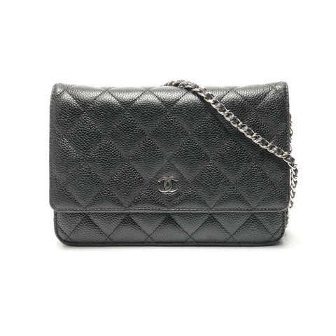 CHANEL No. 21 Matelasse Caviar Leather Chain Wallet Silver Metal 2015-2016 Shoulder Bag black WS24959