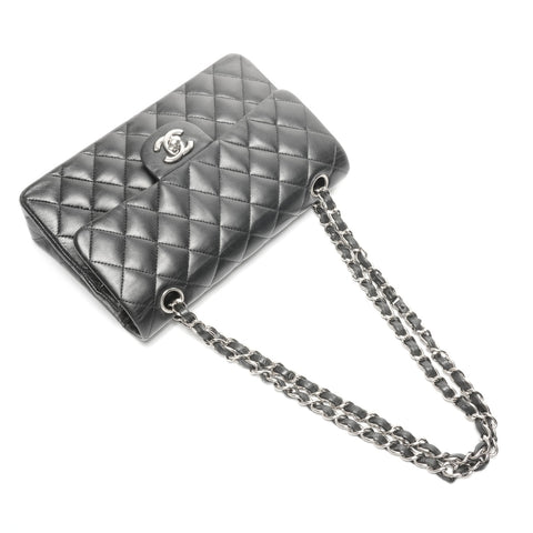 CHANEL No. 14 2010-2011 Lambskin Matelasse Double Flap 9.1" Silver Metal Shoulder Bag black WS24964