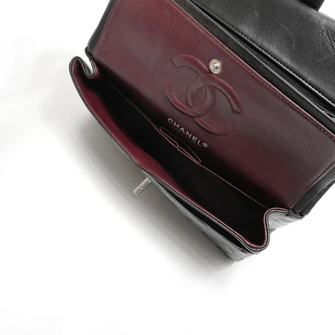 CHANEL No. 14 2010-2011 Lambskin Matelasse Double Flap 9.1" Silver Metal Shoulder Bag black WS24964