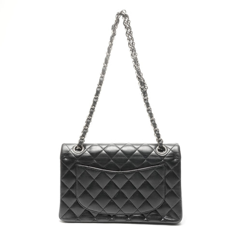 CHANEL No. 14 2010-2011 Lambskin Matelasse Double Flap 9.1" Silver Metal Shoulder Bag black WS24964