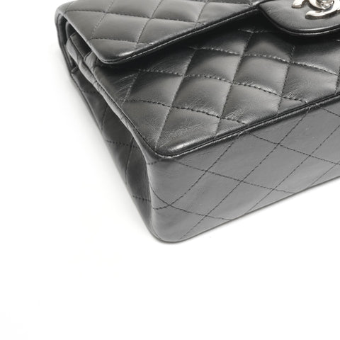 CHANEL No. 14 2010-2011 Lambskin Matelasse Double Flap 9.1" Silver Metal Shoulder Bag black WS24964