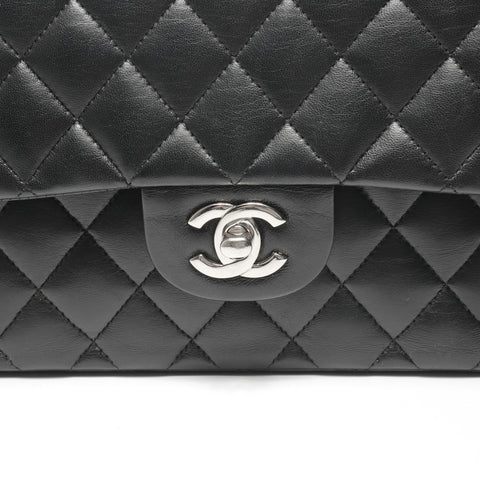 CHANEL No. 14 2010-2011 Lambskin Matelasse Double Flap 9.1" Silver Metal Shoulder Bag black WS24964