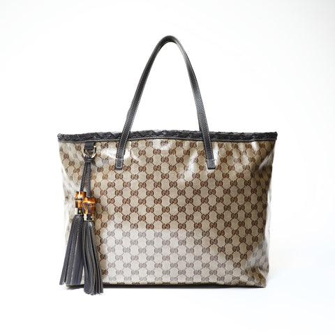 GUCCI PVC GG Supreme Tassel Bamboo Tote Bag Brown WS24994