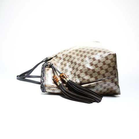 GUCCI PVC GG Supreme Tassel Bamboo Tote Bag Brown WS24994