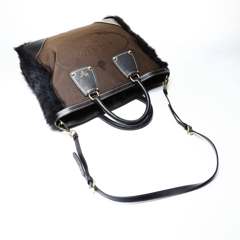 PRADA Canvas Jacquard Logo Fur 2way Tote Bag Brown WS24995
